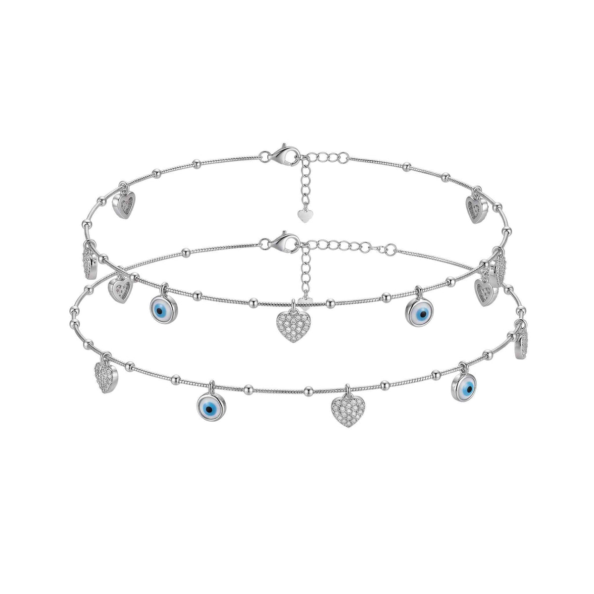 blue evil eye & cz pave heart charm dangler satellite chain anklet set of 2 in 925 silver