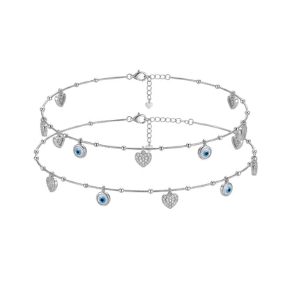 Blue Evil Eye & CZ Pave Heart Charm Dangler Satellite Chain Anklet Set of 2 in 925 Silver