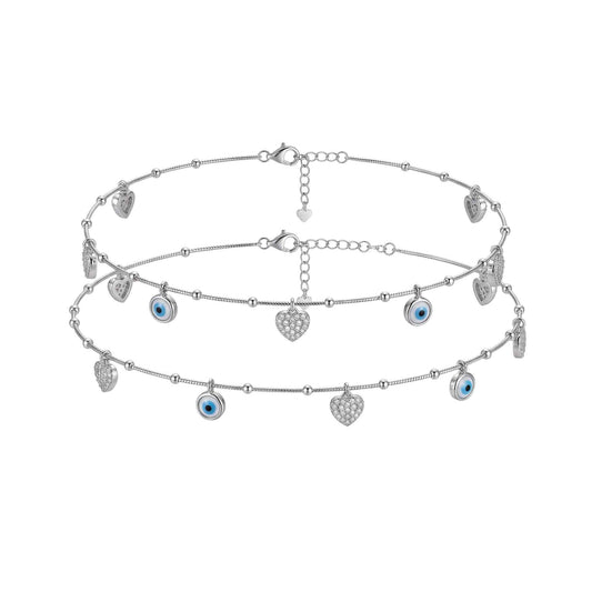 Blue Evil Eye & CZ Pave Heart Charm Dangler Satellite Chain Anklet Set of 2 in 925 Silver