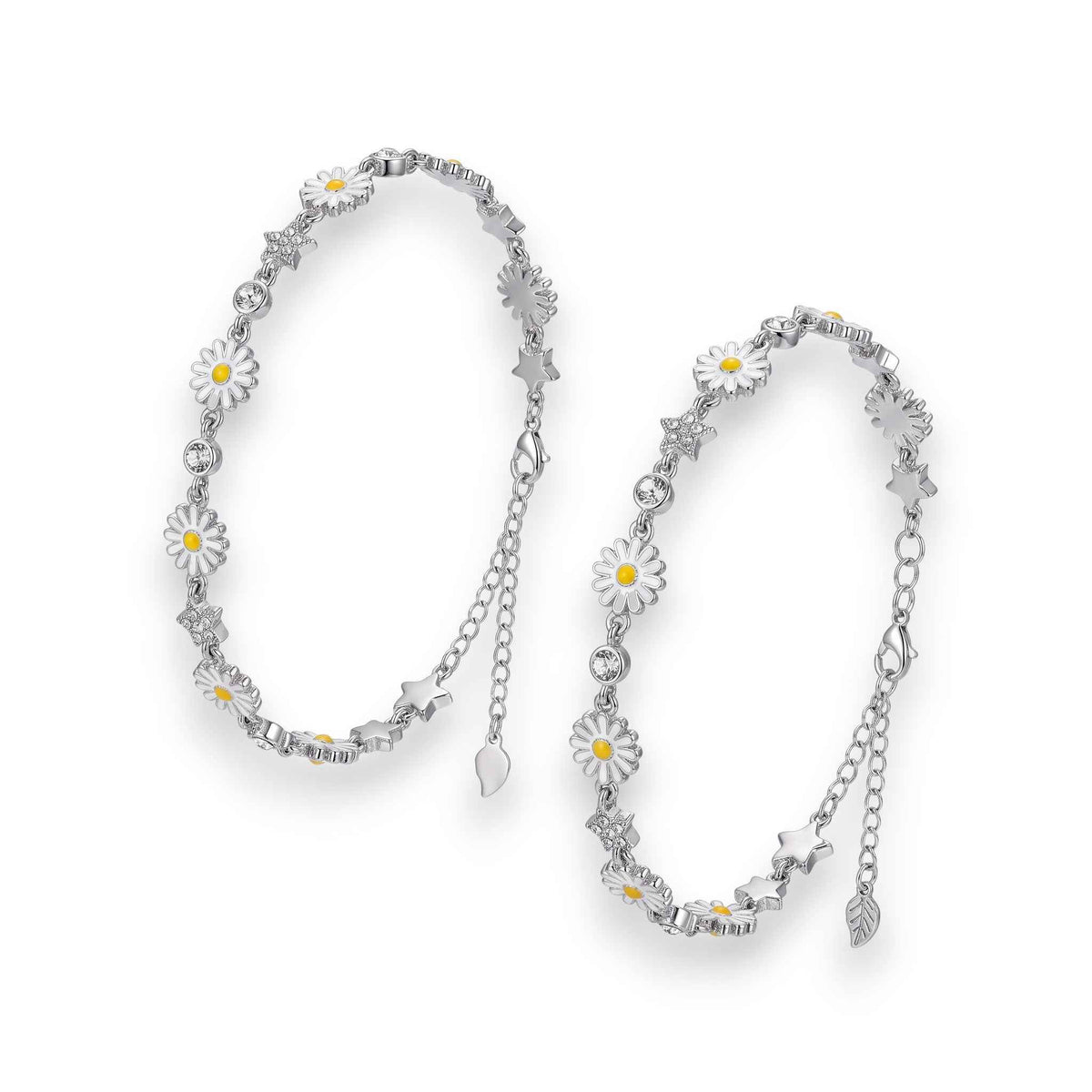 white enamel daisy flower & cz star charm dangler station chain anklet set of 2 in 925 silver