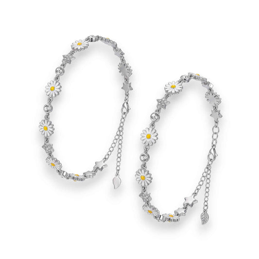 White Enamel Daisy Flower & CZ Star Charm Dangler Station Chain Anklet Set of 2 in 925 Silver