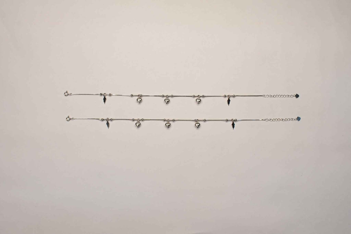 puffed heart & lightning bolt charm dangler satellite chain anklet set of 2 in 925 silver