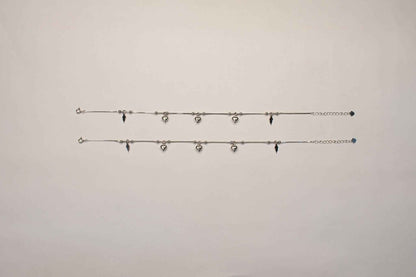Puffed Heart & Lightning Bolt Charm Dangler Satellite Chain Anklet Set of 2 in 925 Silver