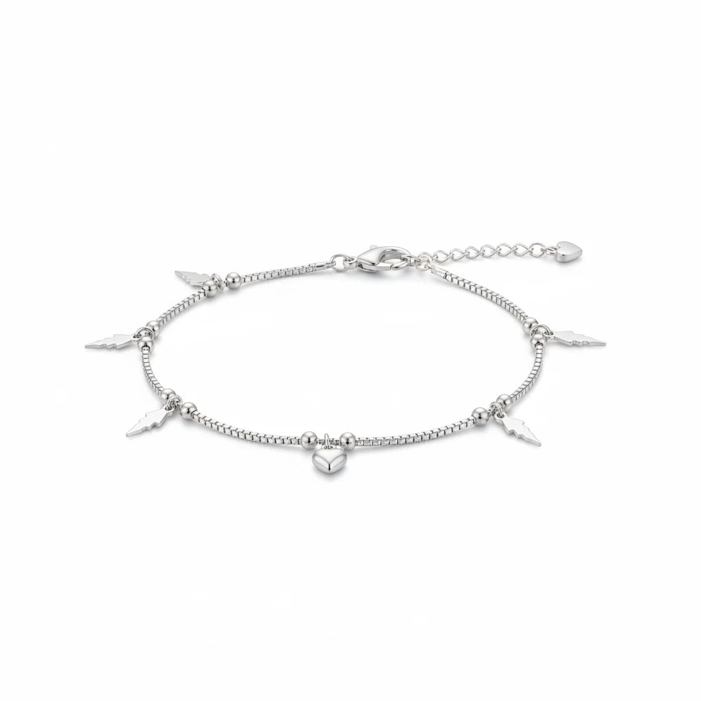 Shyni Jewelry silver anklet featuring a delicate box chain with hanging heart and lightning bolt charms