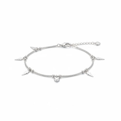 Shyni Jewelry silver anklet featuring a delicate box chain with hanging heart and lightning bolt charms