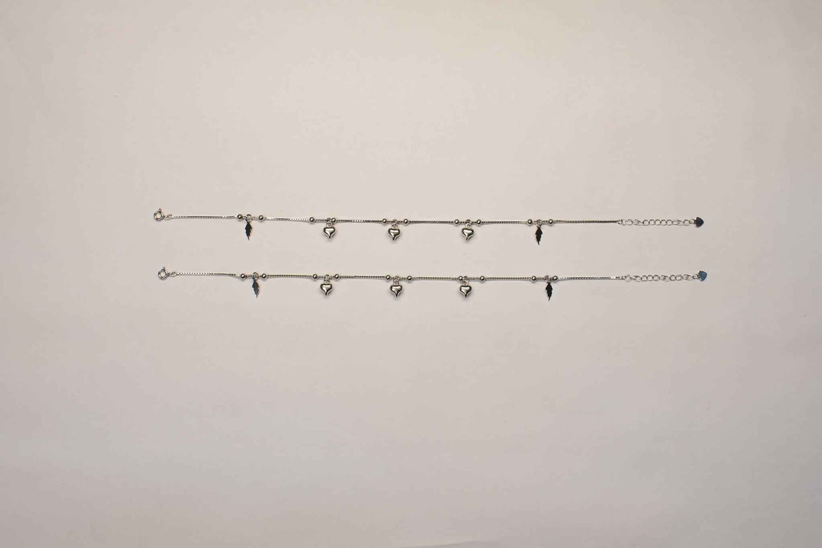 puffed heart & lightning bolt charm dangler satellite chain anklet set of 2 in 925 silver