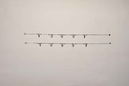 Puffed Heart & Lightning Bolt Charm Dangler Satellite Chain Anklet Set of 2 in 925 Silver