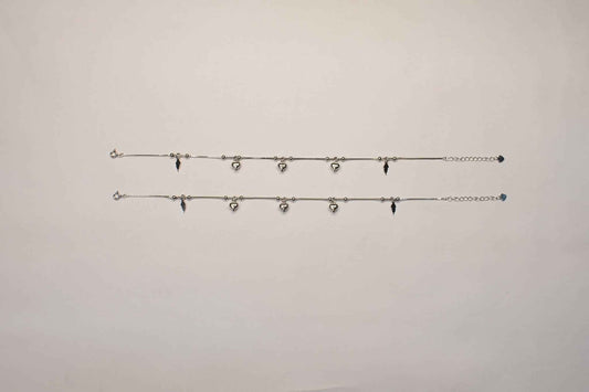 Puffed Heart & Lightning Bolt Charm Dangler Satellite Chain Anklet Set of 2 in 925 Silver