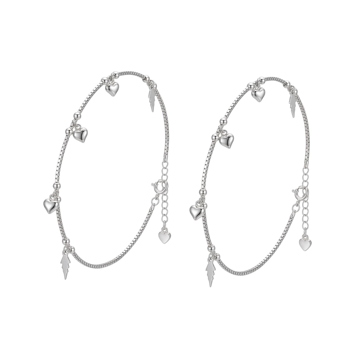 Shyni Jewelry silver anklet featuring delicate heart and lightning bolt charms on a thin box chain
