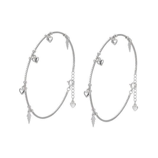 Shyni Jewelry silver anklet featuring delicate heart and lightning bolt charms on a thin box chain