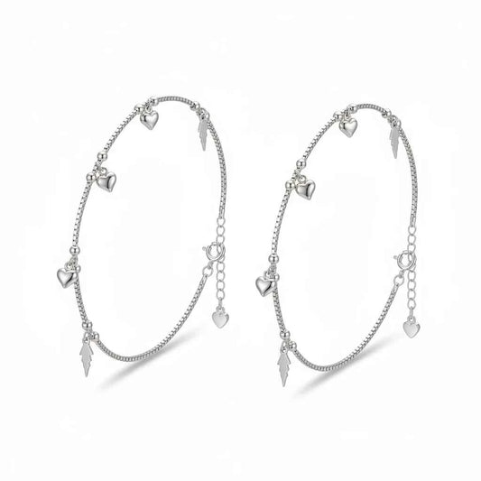 Puffed Heart & Lightning Bolt Charm Dangler Satellite Chain Anklet Set of 2 in 925 Silver