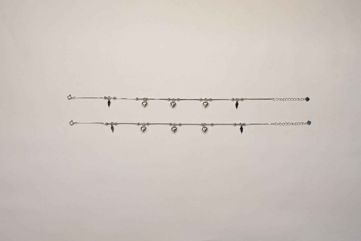 puffed heart & lightning bolt charm dangler satellite chain anklet set of 2 in 925 silver