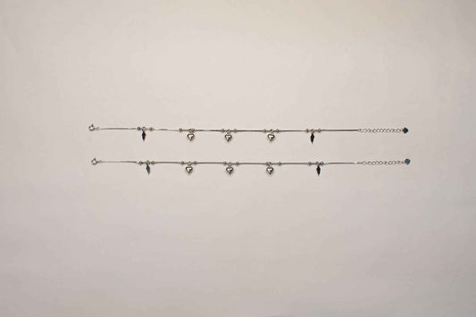 Puffed Heart & Lightning Bolt Charm Dangler Satellite Chain Anklet Set of 2 in 925 Silver