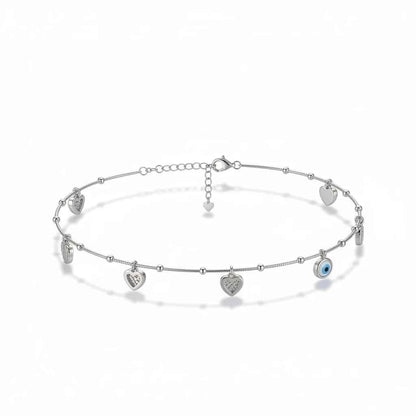 Blue Evil Eye & CZ Pave Heart Charm Dangler Satellite Chain Anklet Set of 2 in 925 Silver