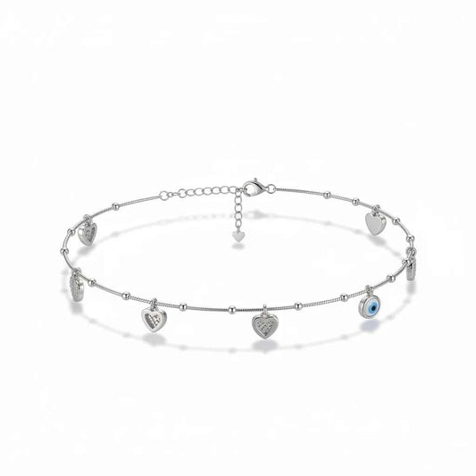 Blue Evil Eye & CZ Pave Heart Charm Dangler Satellite Chain Anklet Set of 2 in 925 Silver