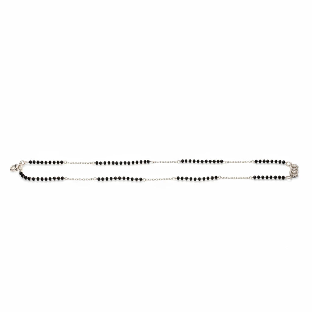 Shyni Jewelry 925 sterling silver mangalsutra necklace featuring a double heart pendant with black beaded mala chain.