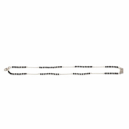 Shyni Jewelry 925 sterling silver mangalsutra necklace featuring a double heart pendant with black beaded mala chain.
