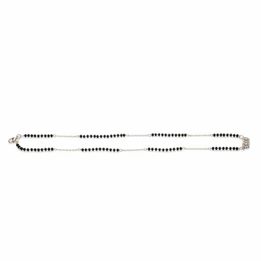 Shyni Jewelry 925 sterling silver mangalsutra necklace featuring a double heart pendant with black beaded mala chain.