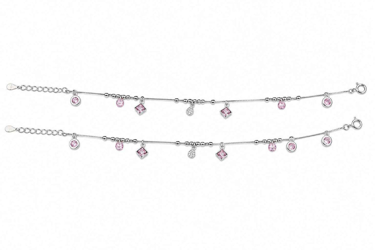 pink cz mixed charm dangler satellite chain anklet set of 2 in 925 silver