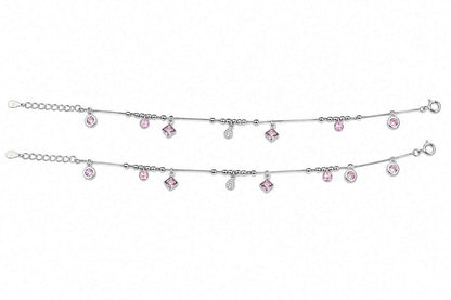 Pink CZ Mixed Charm Dangler Satellite Chain Anklet Set of 2 in 925 Silver