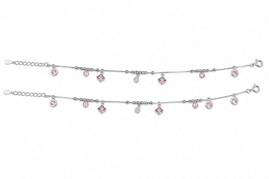 Pink CZ Mixed Charm Dangler Satellite Chain Anklet Set of 2 in 925 Silver