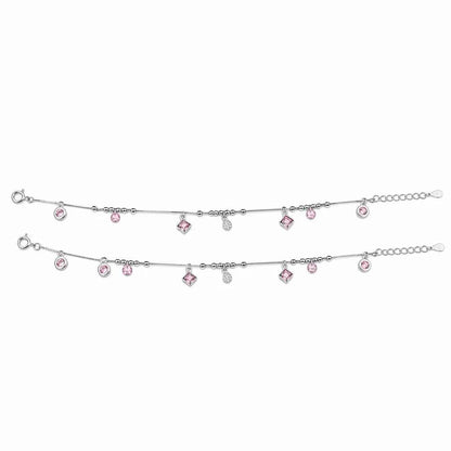 Pink CZ Mixed Charm Dangler Satellite Chain Anklet Set of 2 in 925 Silver
