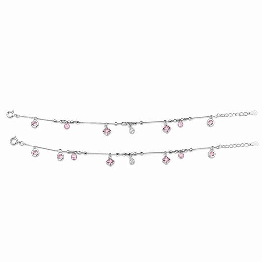 Pink CZ Mixed Charm Dangler Satellite Chain Anklet Set of 2 in 925 Silver
