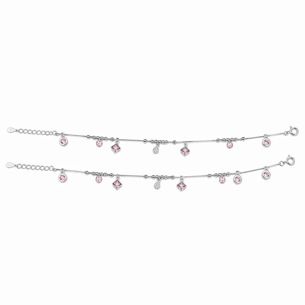 Pink CZ Mixed Charm Dangler Satellite Chain Anklet Set of 2 in 925 Silver