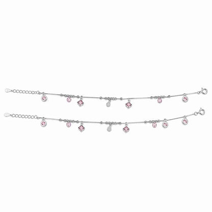 Pink CZ Mixed Charm Dangler Satellite Chain Anklet Set of 2 in 925 Silver