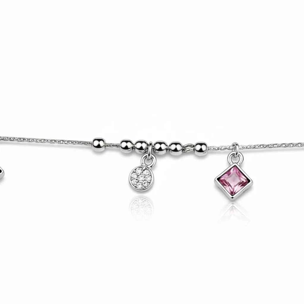 pink cz mixed charm dangler satellite chain anklet set of 2 in 925 silver