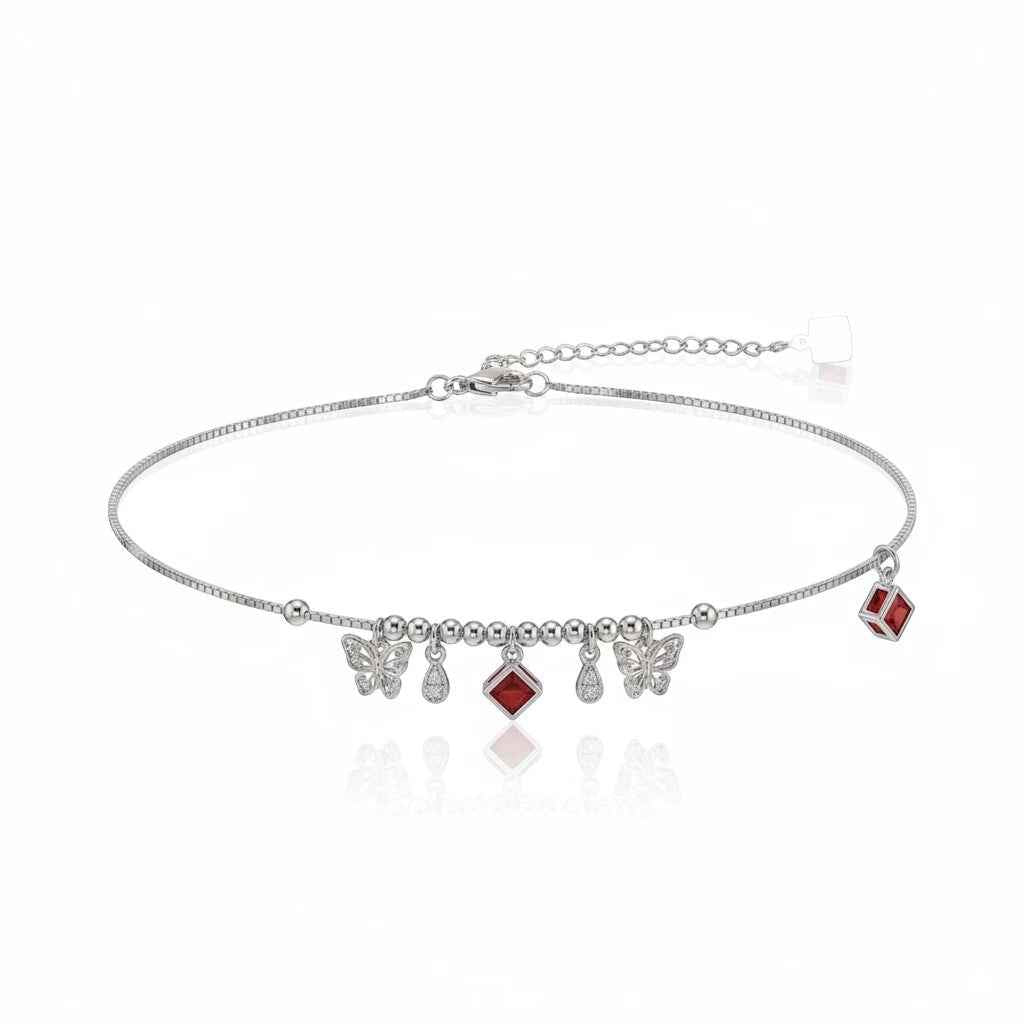 ruby red cz butterfly & diamond drop charm dangler satellite chain anklet set of 2 in 925 silver