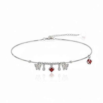 Ruby Red CZ Butterfly & Diamond Drop Charm Dangler Satellite Chain Anklet Set of 2 in 925 Silver
