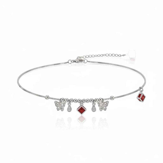 Ruby Red CZ Butterfly & Diamond Drop Charm Dangler Satellite Chain Anklet Set of 2 in 925 Silver