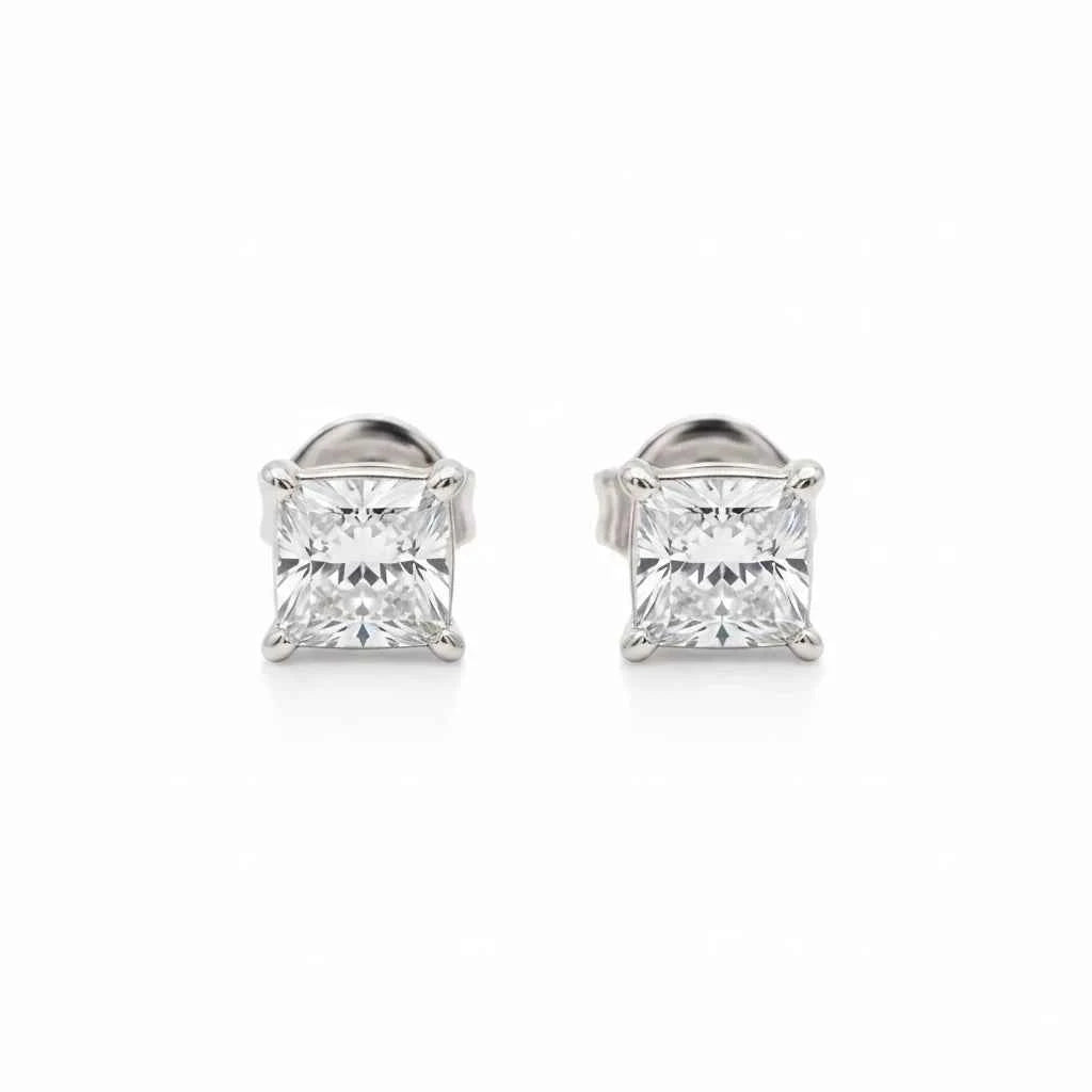 Classic Princess Cut CZ Solitaire Stud Earrings in 925 Silver