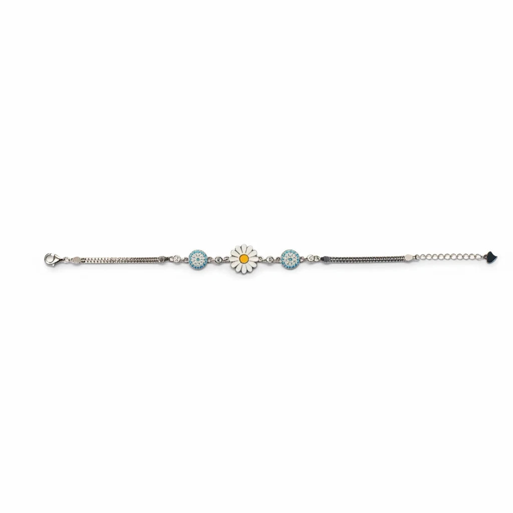 shyni jewelry sunflower enamel bracelet featuring a central white flower with a yellow center and sky blue stones.