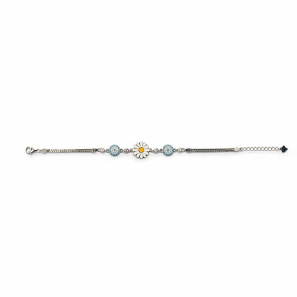 Shyni Jewelry sunflower enamel bracelet featuring a central white flower with a yellow center and sky blue stones.