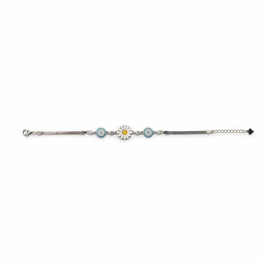 Shyni Jewelry sunflower enamel bracelet featuring a central white flower with a yellow center and sky blue stones.