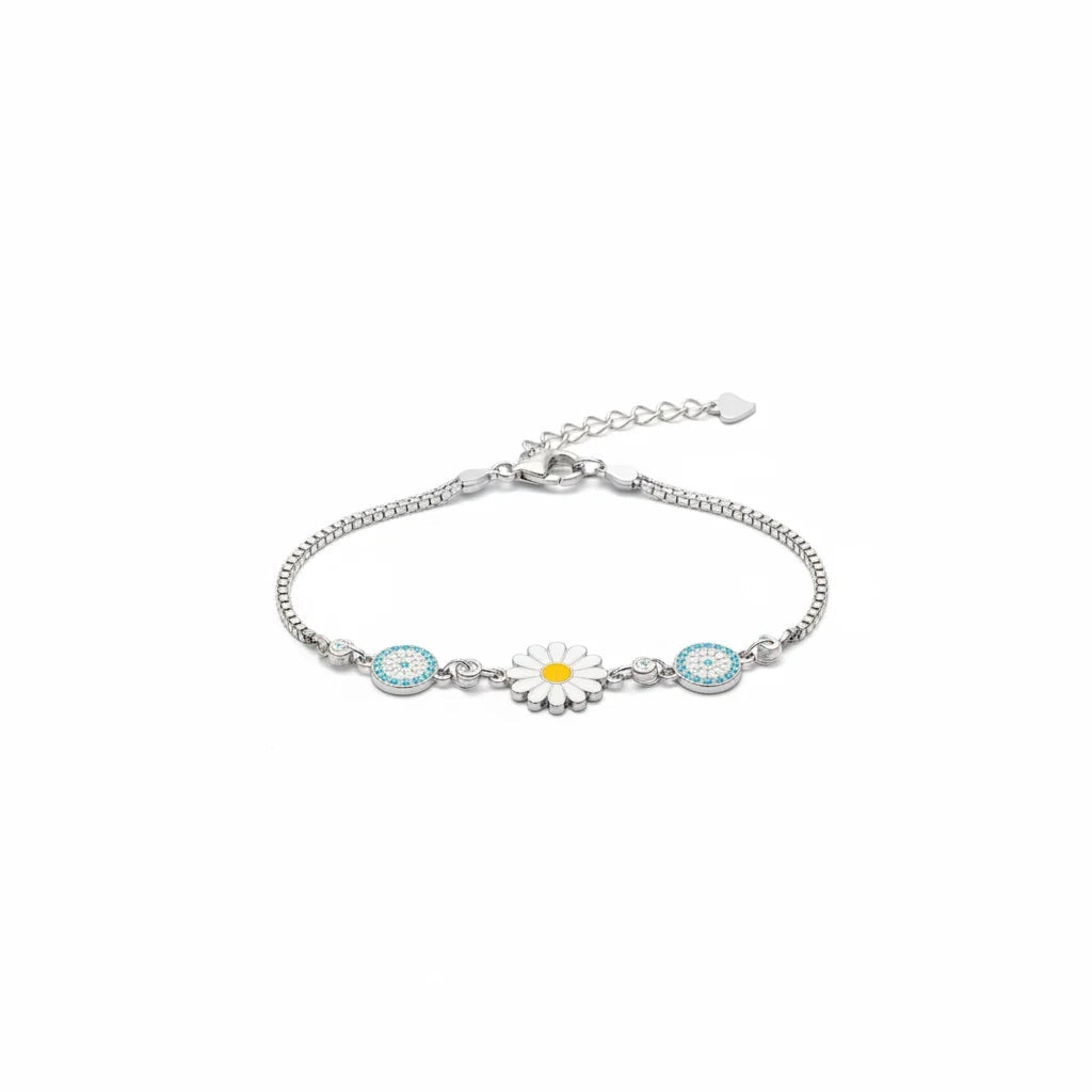 shyni jewelry silver chain bracelet featuring a white enamel sunflower charm and two sky blue stone accents.