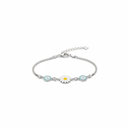 Shyni Jewelry silver chain bracelet featuring a white enamel sunflower charm and two sky blue stone accents.