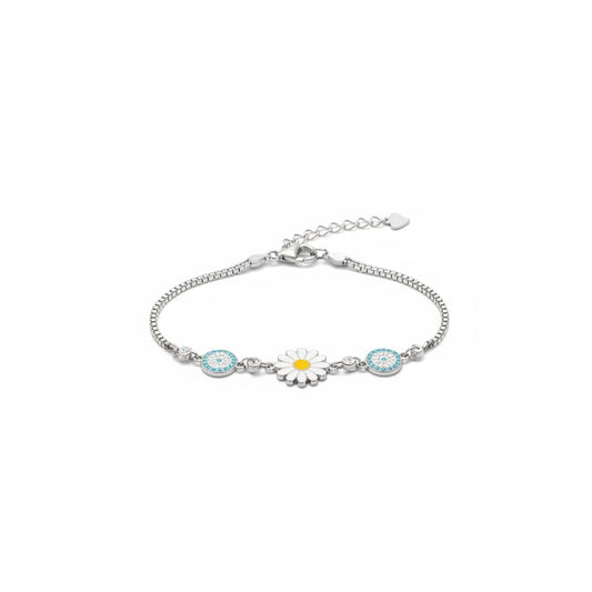 Shyni Jewelry silver chain bracelet featuring a white enamel sunflower charm and two sky blue stone accents.