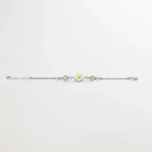Shyni Jewelry silver chain bracelet featuring a white and yellow enamel sunflower charm and heart accents.