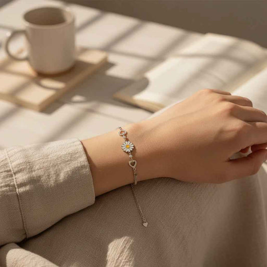 Sunflower Enamel Heart Charm Bracelet for Women | 925 Silver