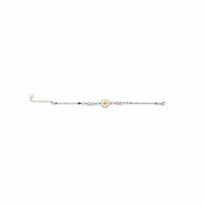 Shyni Jewelry silver chain bracelet featuring a delicate white and yellow enamel sunflower charm with infinity links