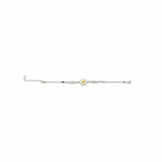 Shyni Jewelry silver chain bracelet featuring a delicate white and yellow enamel sunflower charm with infinity links