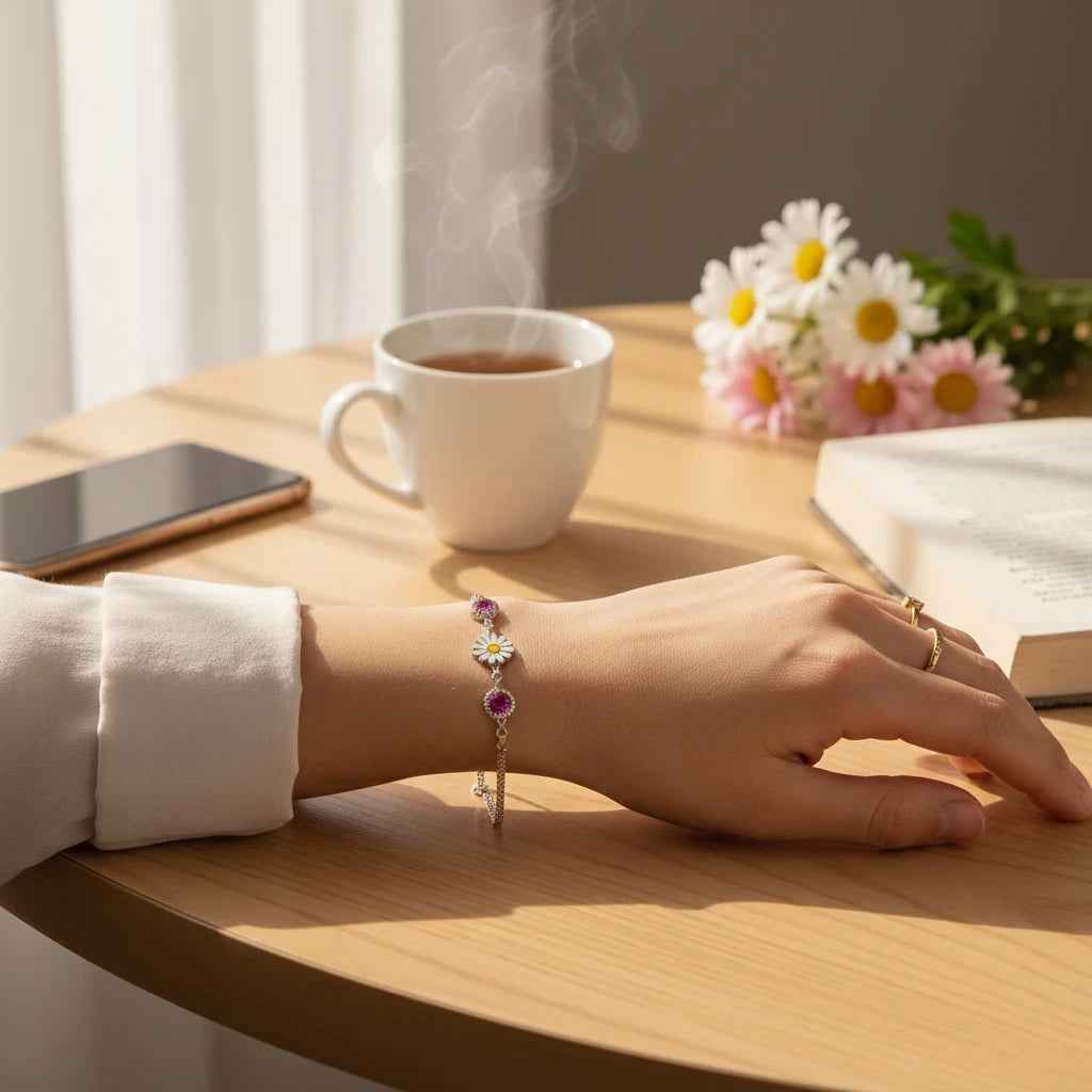sunflower enamel & pink stone bracelet for women | 925 silver