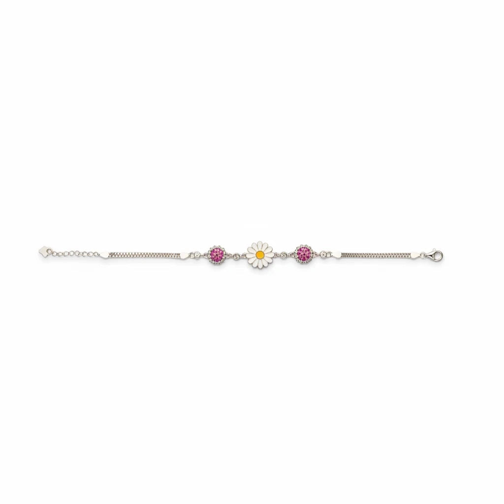 Shyni Jewelry sunflower enamel bracelet featuring pink stones on a delicate silver chain for women