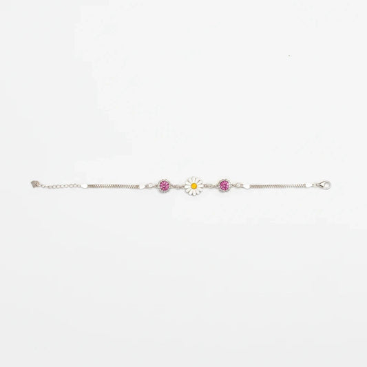 Shyni Jewelry sunflower enamel bracelet featuring pink stones and a delicate silver chain on a white background