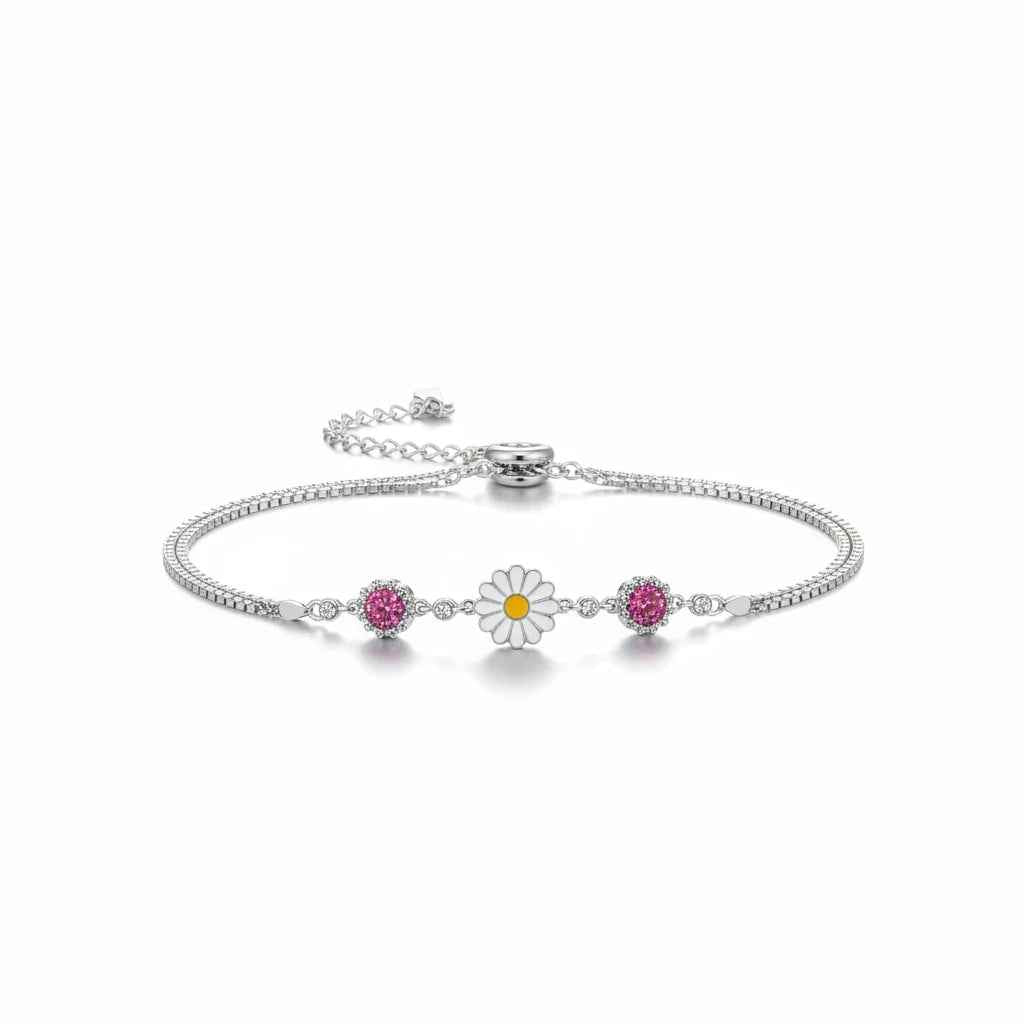 Sunflower Enamel & Pink Stone Bracelet for Women | 925 Silver