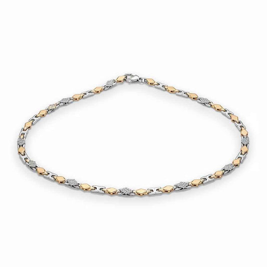 Two Tone Diamond Cut & CZ Greek Link Chain Necklace for Men in 925 Silver