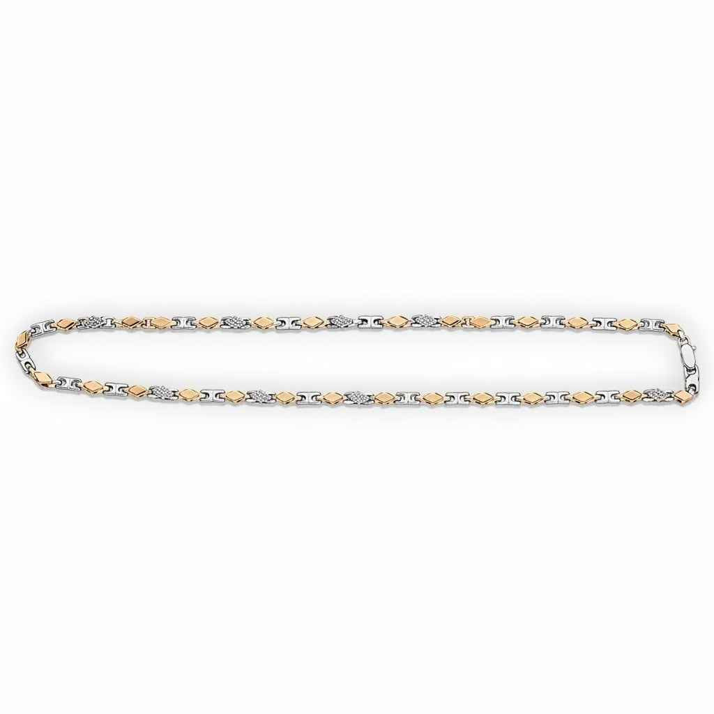 Two Tone Diamond Cut & CZ Greek Link Chain Necklace for Men in 925 Silver